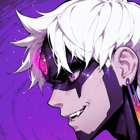 <lora:EVIL_EYE:1>
evil eye, solo, smile, open mouth, short hair, 1boy, purple eyes, white hair, male focus, teeth, pink eyes, blurry, from side, profile, glowing, earrings, facial mark, portrait, close-up, purple background, forehead jewel, purple theme, r...