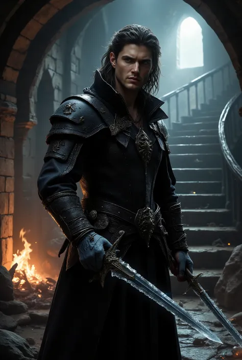 (masterpiece:1.2), (best quality:1.2), 8k, HDR, ultra detailed, ((photorealistic)), professional light, cinematic lighting, fashion photography, ambient lighting, background, a dark medieval dungeon, Darkness, epiCPhoto, fire, stairs, A thief, Young Jensen...
