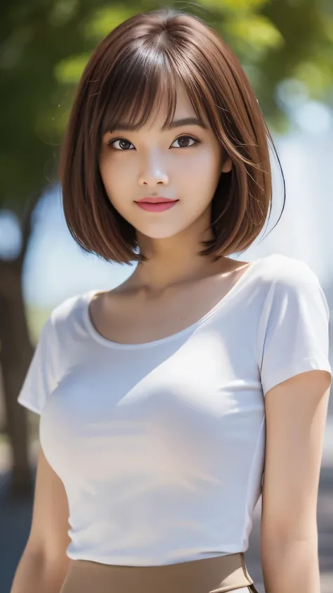 masterpiece, Highest Quality, ultra high res, super detailed, sharp focus, 1girl, solo, beautiful, 18 years old, stares at viewers:1.3, realistic, Slender, (staring at the viewer:1.3), Sexy Gaze, blush, light brown hair, ((smile:2.8、bob short hair:1.5、tigh...