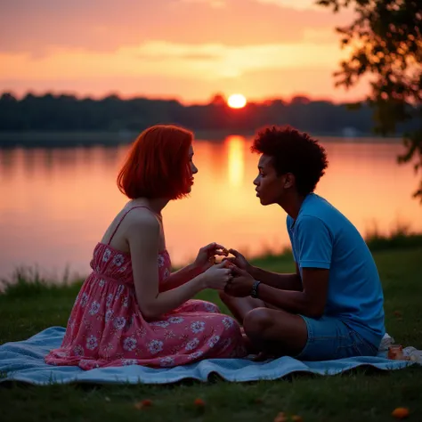 a picnic by a lake at sunset. A young woman with red hair in a Chanel cut, a beautiful flowery pink dress, sitting on a towel on the floor. A young brunette with afro-haired, wearing a blue t-shirt and denim shorts, kneeling taking a self from the couple. ...
