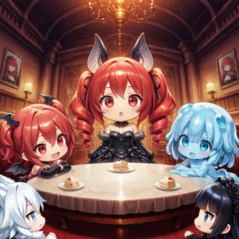 chibi,masterpiece、Highest Quality、anime style、Houses where monsters live together、Monster Girls Gathering in the Living Room、2.5 heads tall、( bat girl 、red eyes、Red Hair Curl Hair、Black Gothic)。(Blue Eyes White Wolf Princess)。(Light blue slime girl)。(3 peo...