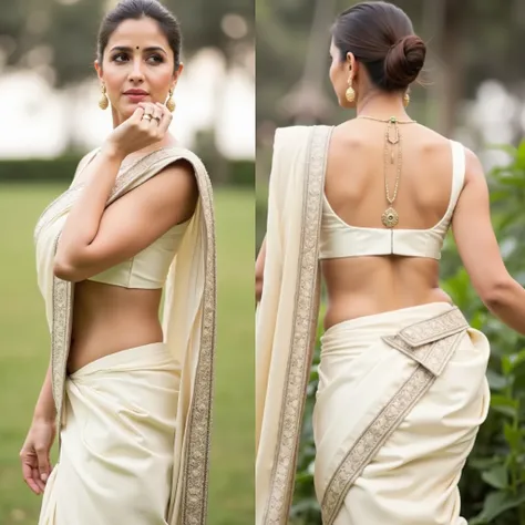 a close up of a woman wearing a white sari and a gold necklace, showing her shoulder from back, very beautiful enga style, back pose, white silky outfit, wearing white silk, indian super model, backview, dressed in a sari, sexy look, wearing a sari, wearin...