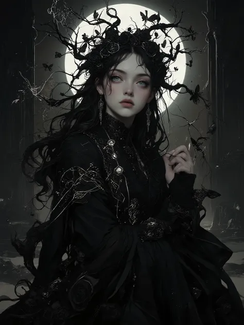 a stunning goddess of darkness and shadow, embodying the seductive dangers of the night, ethereal pale skin with a luminous glow against pitch-black surroundings, adorned with intricate jewelry made of obsidian and starlight, flowing black diaphanous gown ...