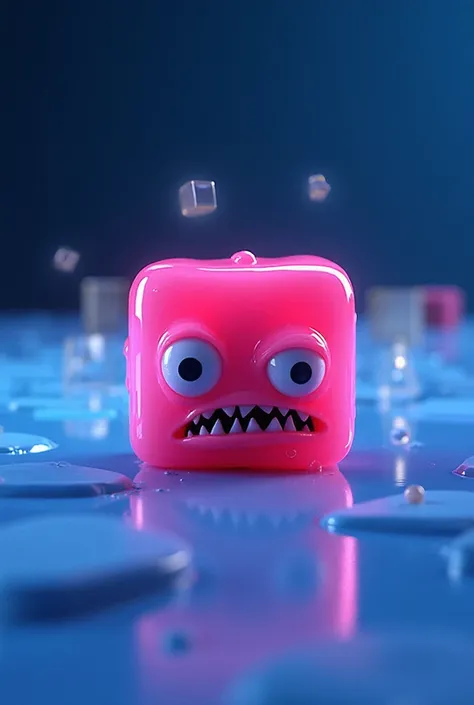 A surreal 3D cartoon horror scene with a single glossy hot-pink jelly cube monster on a reflective blue surface. Its small bulging eyes stare nervously, and its tiny mouth is filled with crooked sharp teeth. Behind it loom faint glowing cube shadows, creat...