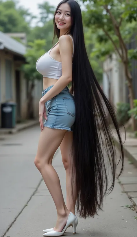 ((top quality)), ((classics, clear image, high detail, no offense)), ( details), high definition japanese full body photos, Face details, is cute and young with dimples.she is standing.She wears a very tight sleeveless and strapless white tube dress, fits ...