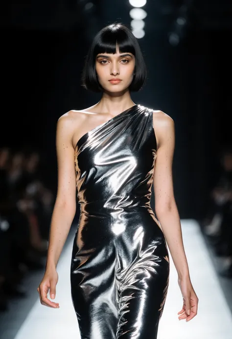 A stunning Indian model walking the runway, captured in ultra-realistic photography. 
She has a unique bob cut hairstyle and elegant hand gestures as she poses. 
Her smooth fair Indian skin shows natural pores, subtle highlights, and soft reflections under...