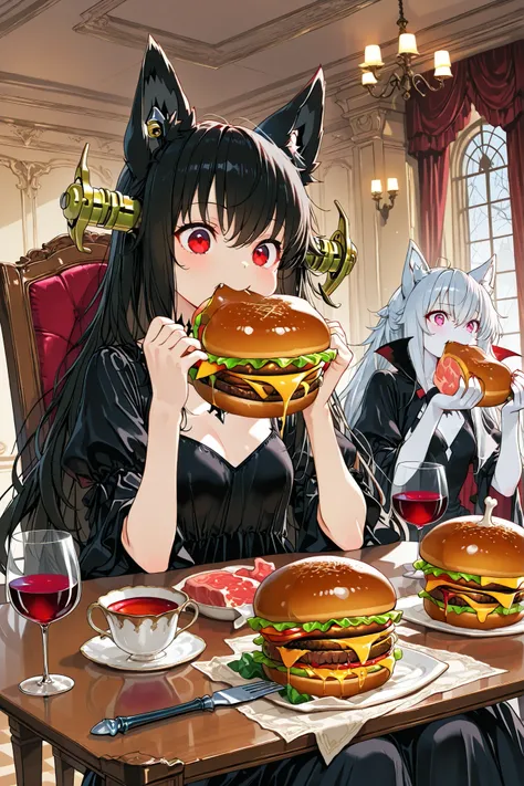 masterpiece, 8ｋ, high resolution, the highest quality, highest level, Highest Image Quality, complicated details, (Monsters on the table, chair with meat in both hands:1.3), (Wolf girl eating meat from Hamburg, Vampire princess drinking wine in a wine glas...