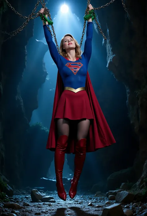 Melissa Benoist as Supergirl, the Supergirl is hanging to the ceiling with chains, she is hanging her wrists to the ceiling with a green luminous handcuff, a lot of chains tied her wrists together, faint, eyes closed, painful face, extremely pain, She is w...