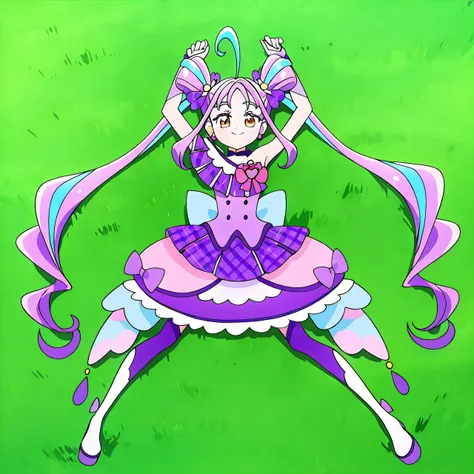 cure kyunkyun, twintails, purple hair, blue hair, multicolored hair, streaked hair, two-tone hair, very long hair, sidelocks, double bun, shiny hair, ahoge, hair ribbon, hair bow, purple bow, hair ornament, plaid bow, brown eyes, eyelashes, eyebrows visibl...
