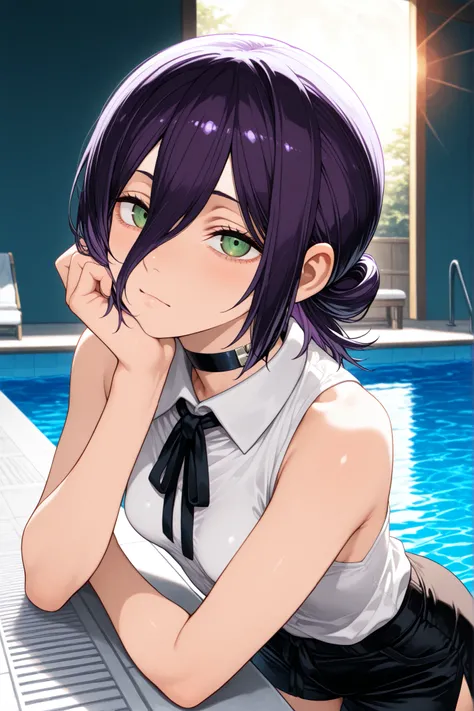 masterpiece, Highest Quality, great quality,, cut, cut (Chainsaw Man), black choker, purple hair, choker, I applied it to, green eyes, hair between eyes, Long Bang, Medium Hair, mature woman, small breasts, shoulder out, black ribbon, black Shorts, coll...