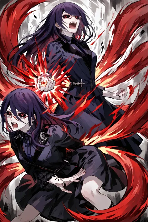 red glasses,slimes_rize,gothic art,tokyo ghoul,djcz style,kakugan, red eyes, black sclera,four tails,Rize kagune, tails, red tails,Releasing power, aura of power, strength, screaming, in rage