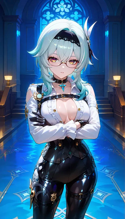 ((dark filter)), BREAK EulasDxL,a woman, Alone, standing, pose sexy, ((arms crossed)), looking at the spectator, seductive expression, eyeglasses, hair ornament, medium length, Gloves, Chest Harness , long sleeves white, ((cabello azul)), yellow eyes, he...