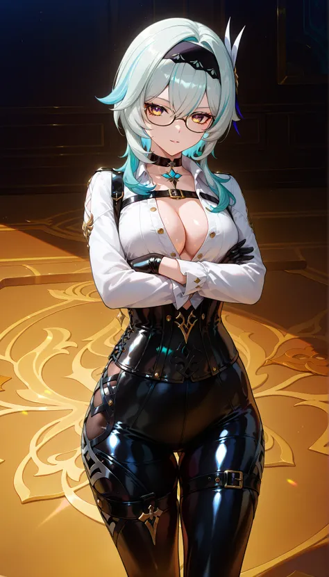 ((dark filter)), BREAK EulasDxL,a woman, Alone, standing, pose sexy, ((arms crossed)), looking at the spectator, seductive expression, eyeglasses, hair ornament, medium length, Gloves, Chest Harness , long sleeves white, ((cabello azul)), yellow eyes, he...