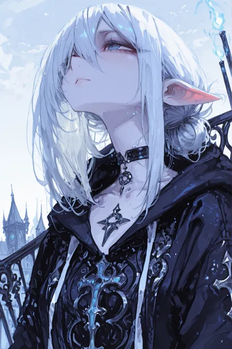 Extremely detailed digital illustration, portrait of Melna Nightblossom, a beautiful drow elf woman. Her skin is an ethereal, moonlit pale, contrasting sharply with her long, straight, pristine white hair tied in a simple ponytail that flows down. Her eyes...