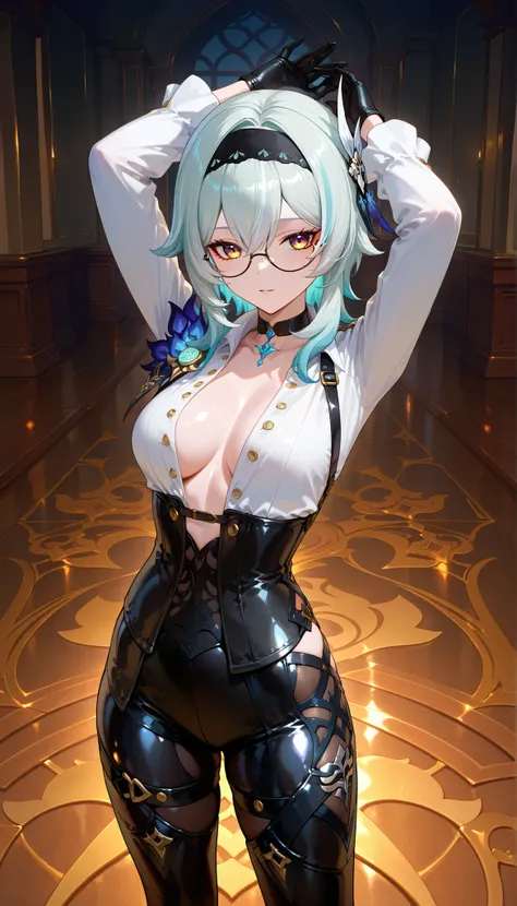 ((dark filter)), BREAK EulasDxL,a woman, Alone, standing, pose sexy, ((arms up)), looking at the spectator, seductive expression, eyeglasses, hair ornament, medium length, Gloves, Chest Harness , long sleeves white, ((cabello azul)), yellow eyes, headban...