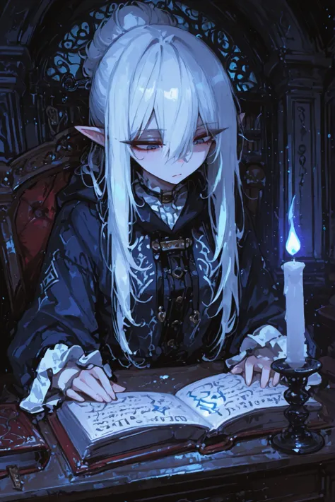Masterpiece, ultra-detailed illustration of Melna Nightblossom, a beautiful drow elf scholar in her candlelit private study. She is looking down, intensely focused on an ancient, massive grimoire open on a dark wood desk. Her long, pristine white hair is s...