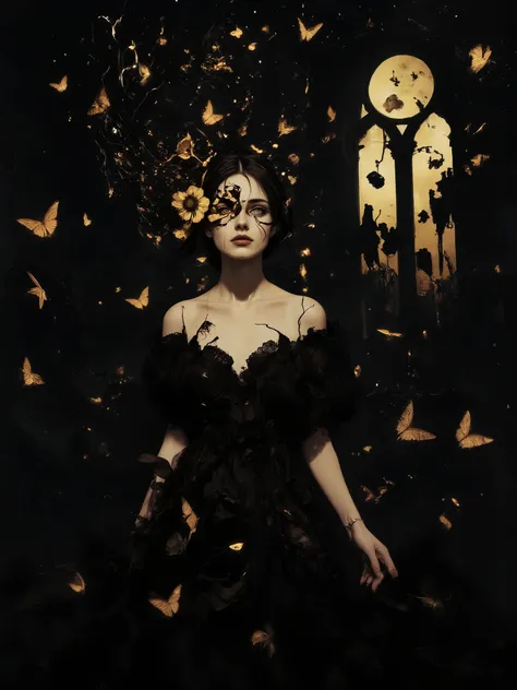 a stunning goddess of darkness and shadow, embodying the seductive dangers of the night, ethereal pale skin with a luminous glow against pitch-black surroundings, adorned with intricate jewelry made of obsidian and starlight, flowing black diaphanous gown ...