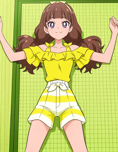 Kirara, brown_hair, low twintails, wavy twintails, bangs, purple eyes, hairband, yellow band, small breasts, yellow shirt, off-shoulder shirt, frilled shirt, short sleeves, striped shorts, anime coloring, high quality, solo, lying, on back, arms up, legs ...