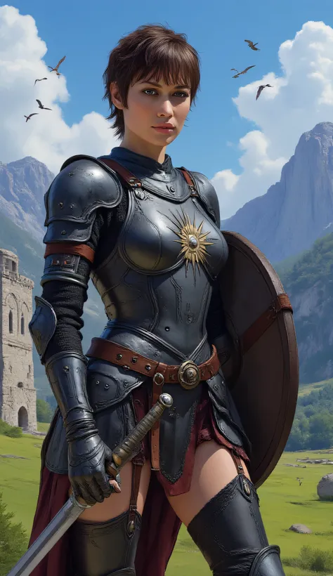 Olga Kurylenko as Cassandra Pentaghast, Dragon age, heroic knight, fantasy setting, detailed digital painting style, wears polished black and silver plate armor, radiant sun-and-eye emblem on her chestplate, symbolizing vigilance and divine power, sturdy l...