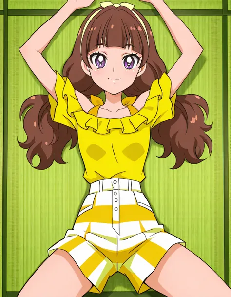 Kirara, brown_hair, low twintails, wavy twintails, bangs, purple eyes, hairband, yellow band, small breasts, yellow shirt, off-shoulder shirt, frilled shirt, short sleeves, striped shorts, anime coloring, high quality, solo, lying, on back, arms up, sprea...