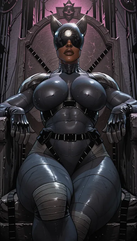AbsoluteCatwoman, dark-skinned female, mirrored helmet, nose, lips and cheeks are visible, fake cat ears, fake tail, bodysuit, gloves, belt, huge breasts, thick muscular thighs, wide curvy hips, covered eyes, from below, dynamic angle, indoor, legs crosse...