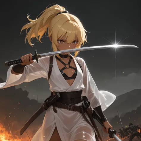 solo,masterpiece, Highest Quality, prompt, reproduces very beautiful AI illustrations, Movie quality , Thematic Depth,Hurricane Saturation, focus theme, anime, anime着色, Shiny Brown Skin,Combines with enemies、Rough Brown Skin,
1 girls　Kunoichi,Yellow Hair,p...