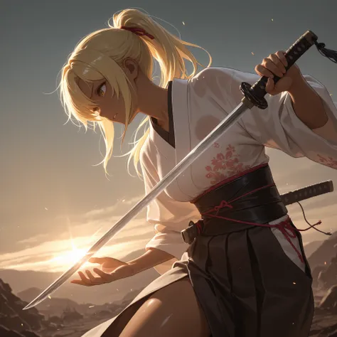 solo,masterpiece, Highest Quality, prompt, reproduces very beautiful AI illustrations, Movie quality , Thematic Depth,Hurricane Saturation, focus theme, anime, anime着色, Shiny Brown Skin,Combines with enemies、Rough Brown Skin,
1 girls　Kunoichi,Yellow Hair,p...