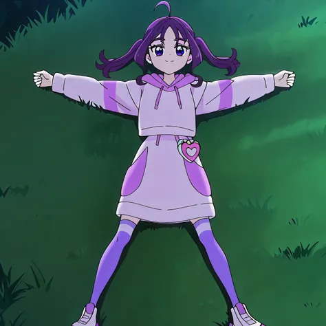 shigure kokoro, casual, short twintails, purple hair, long hair, sidelocks, ahoge, shiny hair, parted bangs, purple eyes, thick eyebrows, eyebrows visible through hair, white hoodie, purple hoodie, hooded sweater, hood down, multicolored clothes, drawstrin...