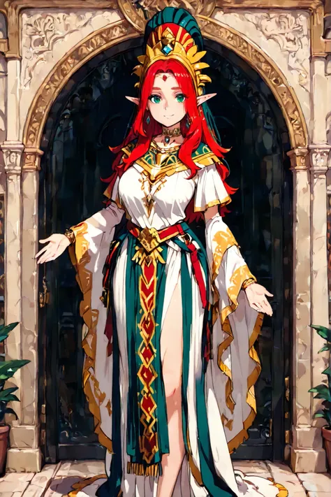(1 girl) noblewoman elf girl, noble clothes, medium red hair, green eyes, big breasts.