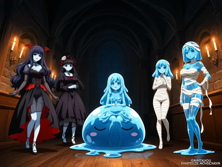 (Slime puddle,blue skin, translucent skin, colored skin,slime girl, monster girl, slime_girl,Transparent body,Slime puddle,Drippy slime,See-through clothes,Slime core),Vampire Dress,mummy costume,un grupo de chicas monstruos jugando videojuegos juntas,una ...