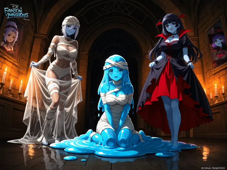 (Slime puddle,blue skin, translucent skin, colored skin,slime girl, monster girl, slime_girl,Transparent body,Slime puddle,Drippy slime,See-through clothes,Slime core),Vampire Dress,mummy costume,un grupo de chicas monstruos jugando videojuegos juntas,una ...