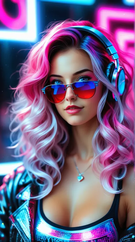 Ultra realistic portrait of a female DJ performing live, wearing a bright pink fitted tank top with splatter details and a patterned jacket slipping off her shoulders. She has long dark wavy hair with red neon highlights, wearing large metallic headphones ...
