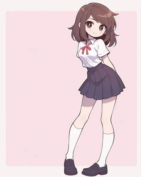 CartoonyIllustrious, Shojo anime girl, high school student aesthetic, navy pleated skirt, white short-sleeve blouse, simple red ribbon tie, navy sweater, knee-high white socks, black shoes, straight dark brown hair with soft bangs, gentle smile, pastel sol...