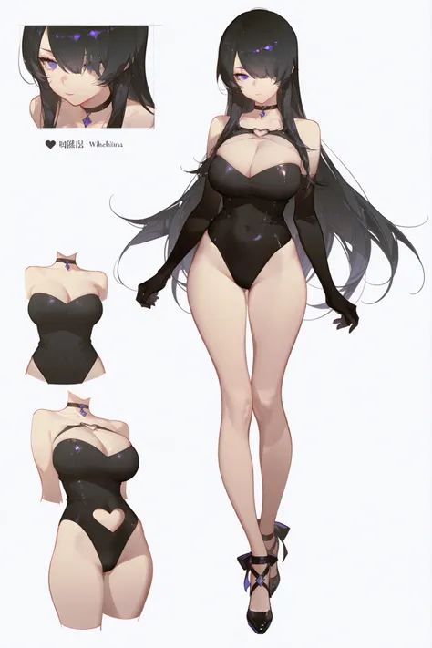 wilhelmina, masterpiece, best quality, good quality, very awa, newest, highres, absurdres, character design sketch,white background,simple background, reference sheet, multiple view ,character design, (front view:1.3), full body:1.3), 1girl, black hair,  p...