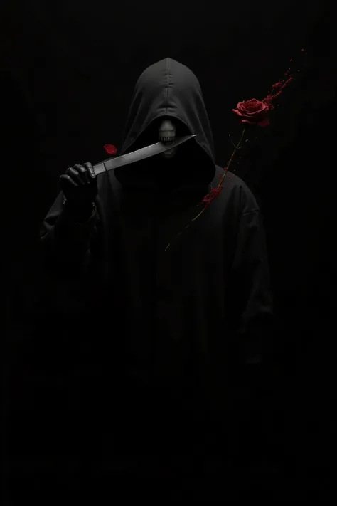 Realistic、The background is solid black、black gloves、Only a white mouth, a knife in his hand, and a red rose are floating out of the dark、no light source