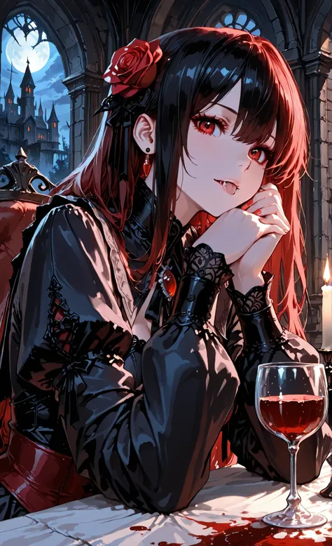 masterpiece, 8k, Highest Quality, detail, high resolution, digital painting, Super Detailed, upper body, 3/4 viewers, Vampire Noble Girl, Drinking blood in a crystal glass.  Her outfit 、Baroque style with elaborate lace and rose details. Her Crimson Eyes S...
