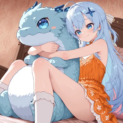 masterpiece, best quality, very aesthetic, absurdres, tina_howard_ilxl, (1girl:1.2), solo, a cute and alluring anime girl, (hugging a tiny cute dragon:1.3), sitting on her bed, ((in a monster dormitory bedroom)), wearing a (short orange dress with intricat...