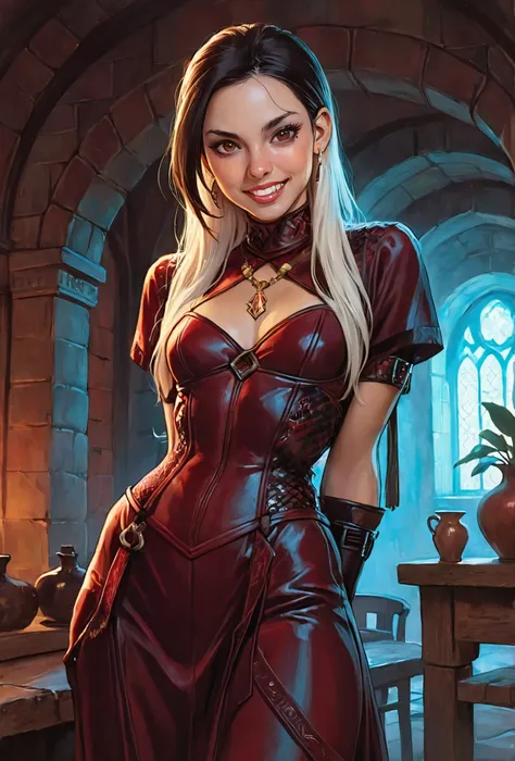 Drawn like the artist Bob Kehl. She looks like Cammy White and has a horizontal scar across her nose. Inca girl with white and dark hair, brown skin, deep red-coloured eyes, slanted Asian eyes, sharp canine teeth, black eyeliner, athletic body and soft abs...