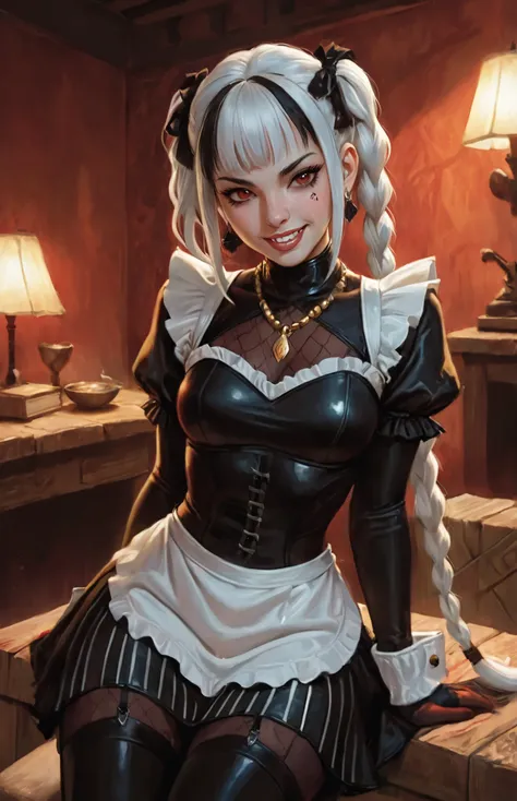 Drawn like the artist Bob Kehl. She looks like Cammy White and has a horizontal scar across her nose. Inca girl with white and dark hair, brown skin, deep red-coloured eyes, slanted Asian eyes, sharp canine teeth, black eyeliner, athletic body and soft abs...