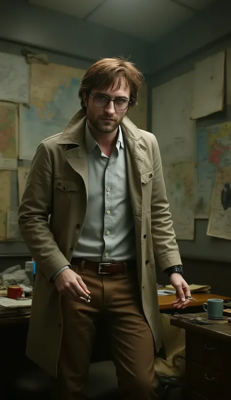 ((Ultrarealism)) (photorealism:1.2), Create an image of a man paranormal investigator, tall, thin with a beard and straight, shoulder-length brown hair, around 35 years old. He wears a slightly loose, light-colored suit, brown pants, a white shirt and tie,...