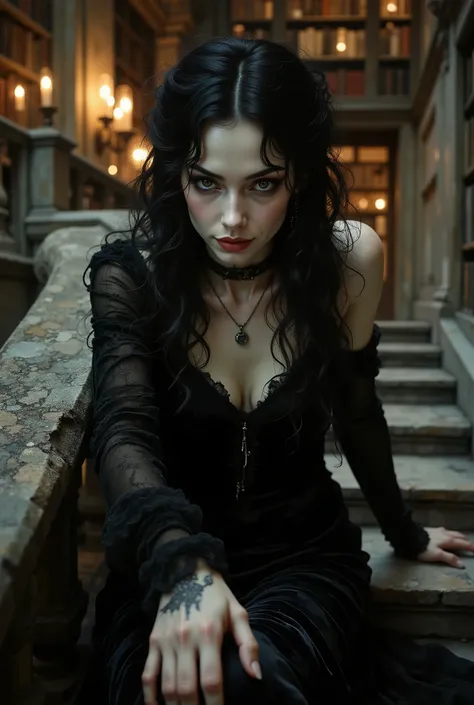 A low-angle shot from the stairs, looking up at a gothic woman in a black velvet gown descending towards the viewer. Her pose is confident and ethereal, as if floating. One of her pale hands is extended slightly forward, while the other gently trails along...