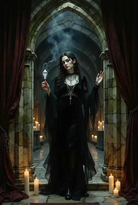 A gothic woman materializing from the shadows of a deep, pointed archway, stepping into a moody, candle-lit hall. The low-angle shot emphasizes the immense height of the arch, making her seem both powerful and vulnerable. One hand is raised, fingers softly...