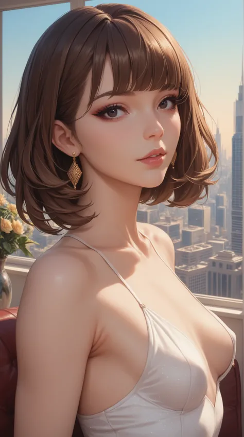 score_9, score_8_up, score_7_up.
upper body.
perfectly when sitting in the eye, sleeveless clothes.
She is a beautiful mature woman
black eyes, upturned long eyeliner, long false eyelashes, brown medium hair, straight bangs, A cityscape with an eye-catchin...