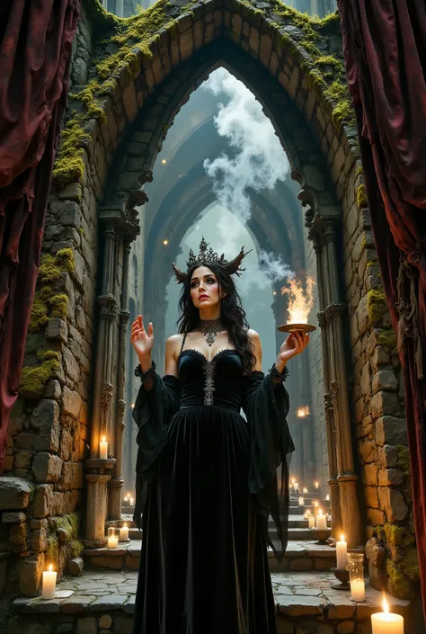 A gothic woman materializing from the shadows of a deep, pointed archway, stepping into a moody, candle-lit hall. The low-angle shot emphasizes the immense height of the arch, making her seem both powerful and vulnerable. One hand is raised, fingers softly...