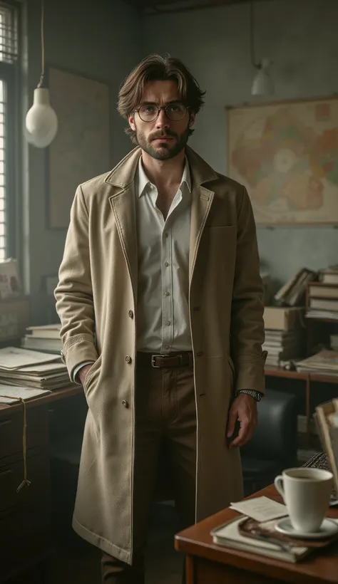 ((Ultrarealism)) (photorealism:1.2), Create an image of a man paranormal investigator, tall, thin with a beard and shoulder-length hair, brown hair, around 35 years old. He wears a slightly loose, light-colored suit, brown pants, a white social shirt , and...