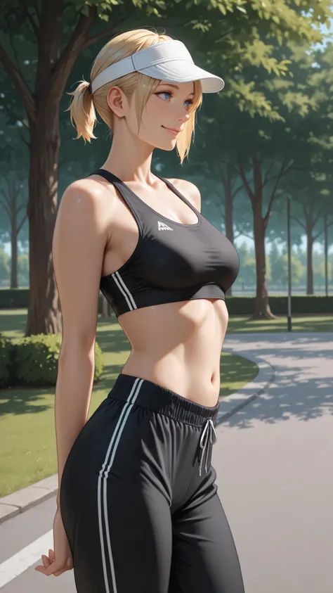 masterpiece, Highest Quality, detail, Realistic, cowboy shot, smile, 1girl, solo, Alice Leo, Blonde, short hair, short ponytail, blue eyes, black sports bra, Black Track Pants, white visor cap, Parks, trees,