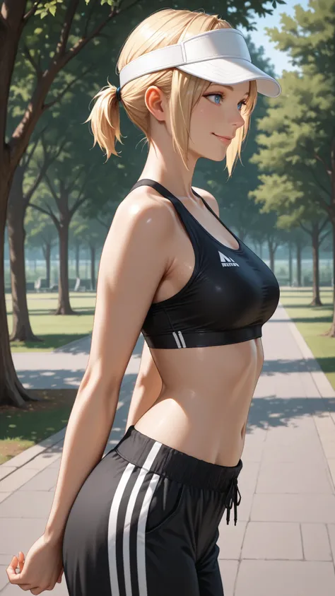 masterpiece, Highest Quality, detail, Realistic, cowboy shot, smile, 1girl, solo, Alice Leo, Blonde, short hair, short ponytail, blue eyes, black sports bra, Black Track Pants, white visor cap, Parks, trees,