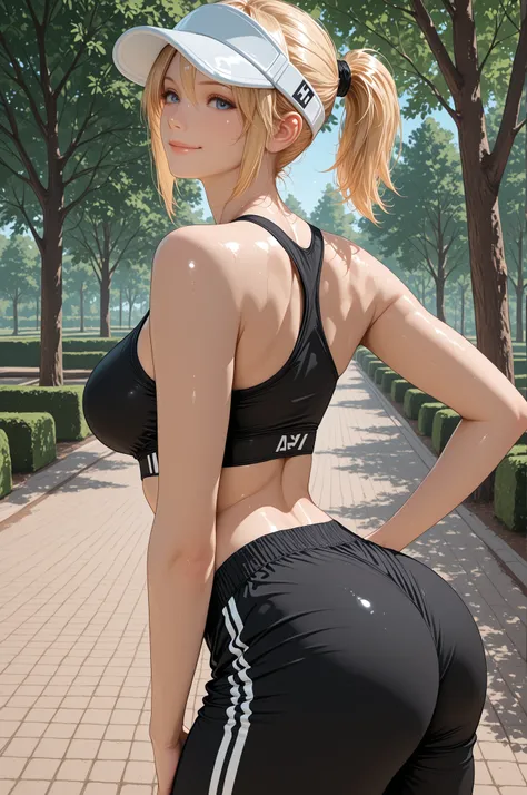 masterpiece, Highest Quality, detail, Realistic, cowboy shot, smile, 1girl, solo, Alice Leo, Blonde, short hair, short ponytail, blue eyes, black sports bra, Black Track Pants, white visor cap, Parks, trees,
