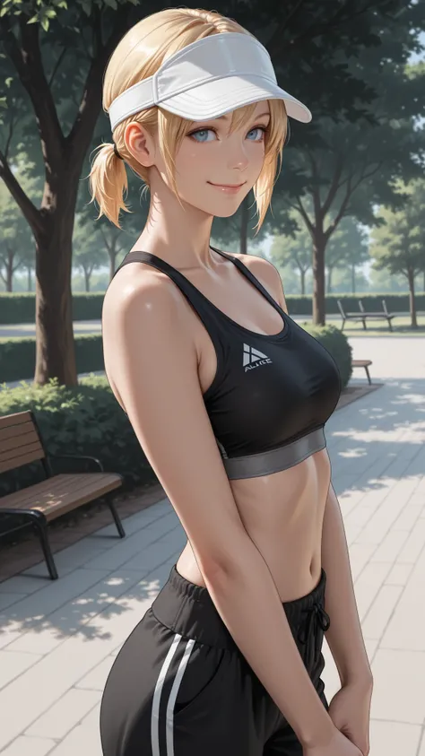 masterpiece, Highest Quality, detail, Realistic, cowboy shot, smile, 1girl, solo, Alice Leo, Blonde, short hair, short ponytail, blue eyes, black sports bra, Black Track Pants, white visor cap, Parks, trees,