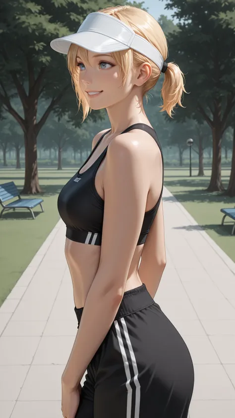 masterpiece, Highest Quality, detail, Realistic, cowboy shot, smile, 1girl, solo, Alice Leo, Blonde, short hair, short ponytail, blue eyes, black sports bra, Black Track Pants, white visor cap, Parks, trees,